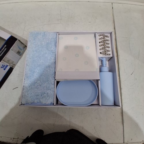 16PC MAINSTAYS BATH SET - SHOWER CURTAIN 70" X 70"; BATH RUG 17" X 24", SHOWER HOOKS, SOAP DISPENSER & TRAY- LIGHT BLUE (MODEL: BBTC003LB-206) image 2