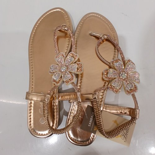 WOMEN'S HELTID RHINESTONE T-STRAP FLOWER FLAT SANDALS - SIZE 10 - GOLD image 2