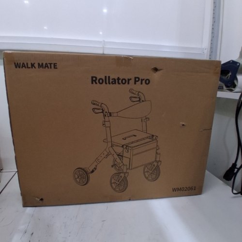 WALK MATE FOLDING LIGHTWEIGHT ROLLATOR WALKER WITH SEAT, CUPHOLDER AND PADDED BACKREST - 300LBS CAP - BLUE (MODEL: WM02061) image 2