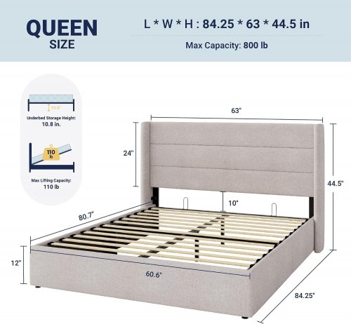 ALLEWIE UPHOLSTERED LIFT UP PLATFORM BED WITH INNER STORAGE & WINGBACK HEADBOARD - QUEEN - BEIGE (MODEL: KBVM0005) image 2