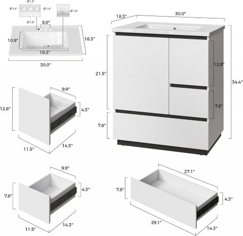 IRONCK WOODEN BATHROOM VANITY WITH CERAMIC SINK & STORAGE DRAWERS - 30" X 18" X 34" - WHITE - (MODEL: HK-XST30-YN17) image 2