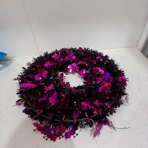 DECORATIVE TINSEL HALLOWEEN WREATH WITH BATS - 18" - BLACK AND PURPLE image 2