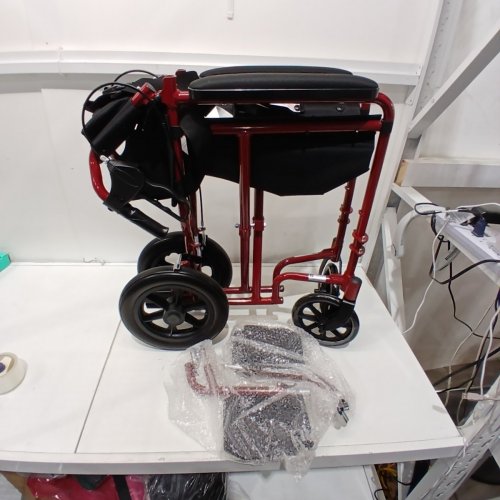 MEDLINE BASIC ALUMINUM TRANSPORT WHEELCHAIR - 19" - 12" REAR WHEELS WITH BRAKES - 300LBS CAPACITY - RED (MODEL: MDS808210ARE) image 2