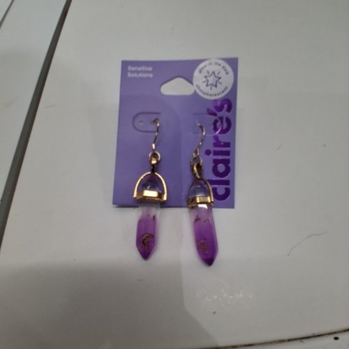 GIRLS CLAIRE'S GOLD-TONE PURPLE CRYSTAL DROP EARRINGS - PURPLE/GOLD TONE image 3