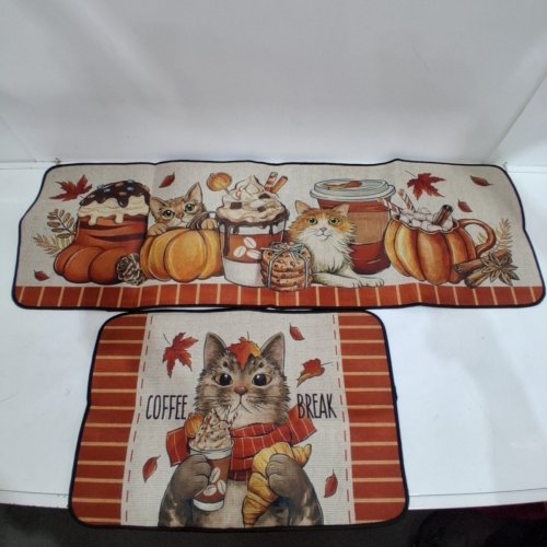 2PC AUTUMN CAT COFFEE KITCHEN MAT SET - 2FT X 16" AND 4FT X 16" PIECES - MULTICOLOUR image 2