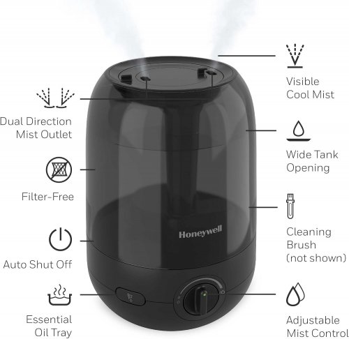 HONEYWELL MINI MIST AUTO SHUT-OFF ULTRASONIC HUMIDIFIER WITH ESSENTIAL OIL TRAY - 1GAL WATER TANK - BLACK (MODEL: HUL545BCV1) image 2