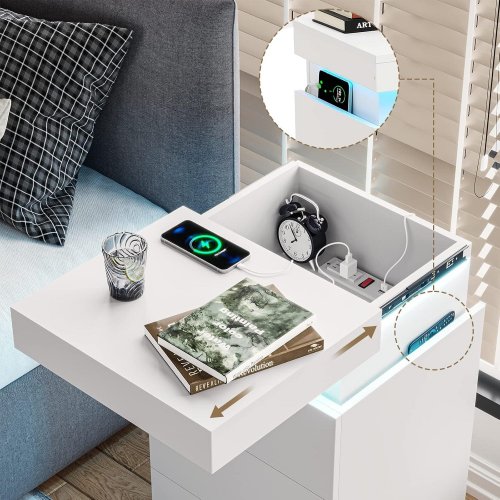 ADORNEVE NIGHTSTAND WITH LED LIGHTS CHARGING STATION AND DRAWERS - 15.8" X 17.7" X 26.8" - WHITE (MODEL:AJ-DJ502530) image 3