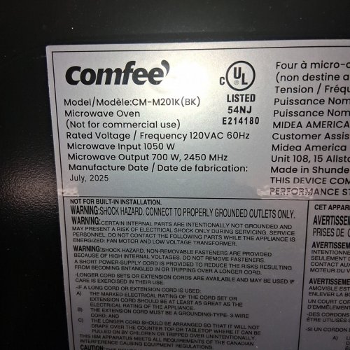 COMFEE COUNTERTOP MICROWAVE OVEN - 0.7 CU.FT/700W - BLACK (MODEL: CM-M201K-BK) image 8