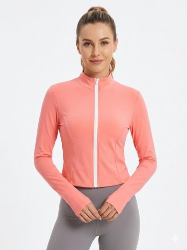 WOMEN'S LIGHTWEIGHT HIGH NECK LONG SLEEVE FULL ZIP SUN PROTECTION JACKET WITH THUMB HOLES - LARGE - SALMON PINK/WHITE image 2