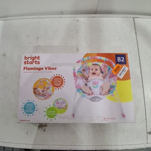 BRIGHT STARTS 3-POINT HARNESS VIBRATING BABY BOUNCER WITH TOY BAR - FLAMINGO VIBES (MODEL: 12228-ES) image 2