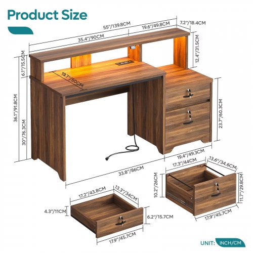 BESTIER HOME OFFICE COMPUTER DESK WITH POWER OUTLETS & LED LIGHTING - 36.1" X 55" X 19.7" - WALNUT BROWN (MODEL: H107014AUS-WALT) image 2
