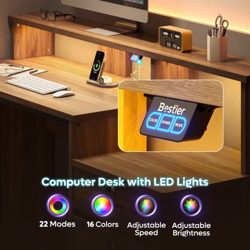 BESTIER HOME OFFICE COMPUTER DESK WITH POWER OUTLETS & LED LIGHTING - 36.1" X 55" X 19.7" - WALNUT BROWN (MODEL: H107014AUS-WALT) image 3