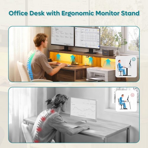 BESTIER HOME OFFICE COMPUTER DESK WITH POWER OUTLETS & LED LIGHTING - 36.1" X 55" X 19.7" - WALNUT BROWN (MODEL: H107014AUS-WALT) image 4