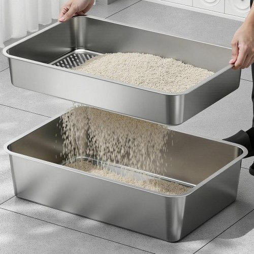 FLYNIX METAL PET CAT BEDPAN TRAY WITH SIFTING INSERT - 23.6" X 15.8" X 4.7" - SILVER STAINLESS STEEL (MODEL: 00788991154970/60GWWCGH5OZT) image 2