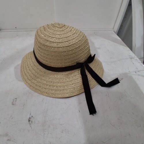 WOVEN BRIMMED SUN HAT WITH RIBBON - OSFM - BEIGE/BLACK image 2