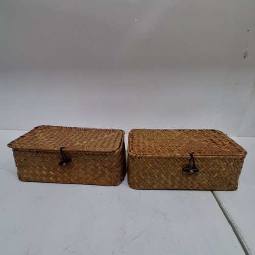 2PK WOVEN STORAGE BASKETS WITH LIDS - 9" X 5.5" X 3" - BROWN image 2