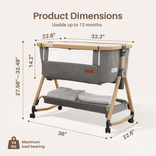 MAYDOLLY 6-HEIGHT ADJUSTABLE 3-IN-1 BABY BASSINET BEDSIDE CRIB - 30LBS MAX - GREY/BEIGE (MODEL: C03PLUS) image 2