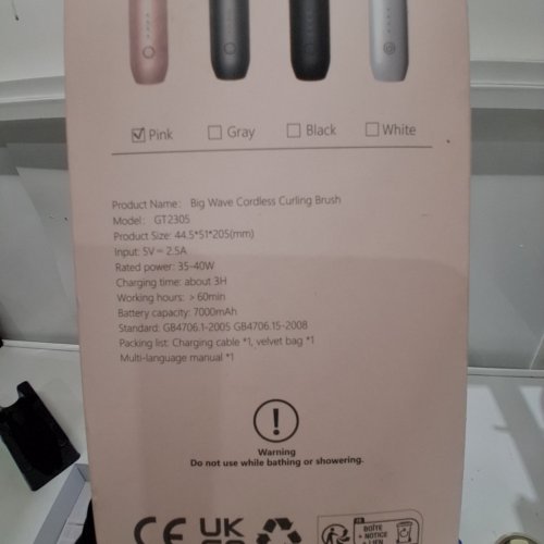 BIG WAVE CORDLESS RECHARGEABLE CURLING BRUSH - PINK - (MODEL: GT2305) image 3