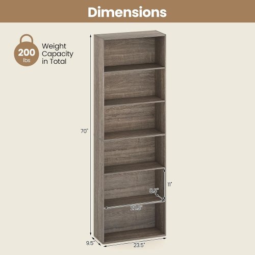 SILKYDRY 6-TIER BOOKCASE, WOODEN BOOKSHELVES - 70" - GREY (MODEL: CB10806GR) image 2