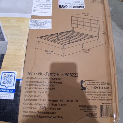 MAINSTAYS UPHOLSTERED PLATFORM BED FRAME WITH HEADBOARD - GREY - TWIN (MODEL: 50616222) image 2