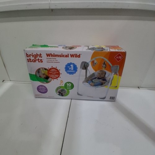 BRIGHT STARTS WHIMSICAL WILD PORTABLE COMPACT AUTOMATIC SWING WITH 10 MELODIES AND ADJUSTABLE HARNESS - MAX 20LBS - WHITE SAFARI ANIMALS (MODEL: 11803-MEES) image 7