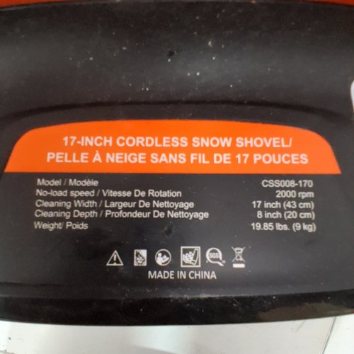 VOLTASK WHEELED CORDLESS SNOW SHOVEL WITH BATTERIES AND CHARGER- 17" X 8" CLEARING - 24V - ORANGE/BLACK (MODEL: CSS008-170) image 5