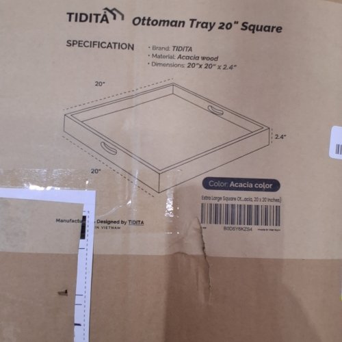 TIDITA ACACIA WOOD SQUARE OTTOMAN TRAY WITH HANDLES - 24FT' X 24FT' X 2.4FT' - BROWN image 2