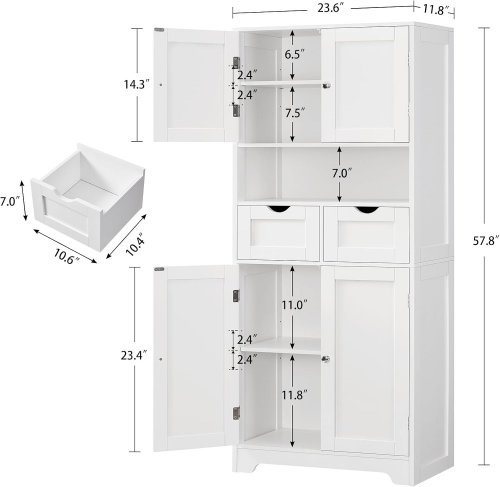 TEENFON TALL CABINET STORAGE WITH ADJUSTABLE SHELF AND DRAWERS - 11.8" X 23.6" X 57.8" - WHITE (MODEL:YSG032) image 2