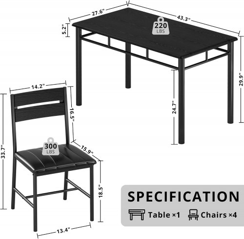 5PC IRONCK DINING TABLE SET WITH 4 CHAIRS - 43" X 28" X 30" - BLACK - (MODEL: HK-DT-E03) image 2