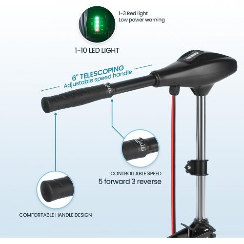 BODIOO ELECTRIC OUTBOARD 68 LBS THRUST TROLLING MOTOR WITH 8 SPEEDS & 6" ADJUSTABLE HANDLE - LED INDICATOR TRANSCOM MOUNTED - 41.3" - BLACK (MODEL: SM-68) image 2