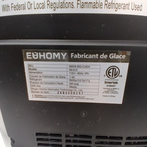 EUHOMY COUNTERTOP ICE MAKER MACHINE WITH HANDLE / BASKET & SCOOP - SILVER (MODEL: IM-01X/IM008-BSI-CAEH) image 7
