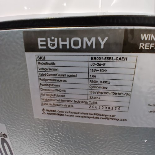 EUHOMY COMPACT COUNTERTOP MINI WINE/DRINKS COOLER FRIDGE - 96L - BLACK (MODEL: BR001-55BL-CAEH) image 8