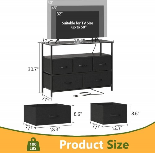 MUTUN 5 DRAWER DRESSER WITH CHARGING STATION- 39.4" X 11.8" X 30.7"; FITS TVS UP TO 50" - WHITE - (MODEL: H0101777) image 2
