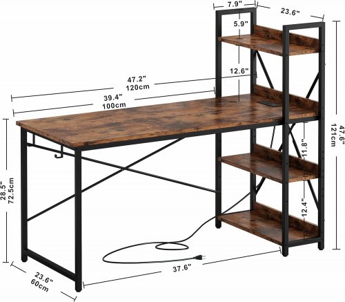 IRONCK COMPUTER DESK WITH POWER OUTLET AND STORAGE SHELVES - 47" - BROWN/BLACK (MODEL:HK-CD-04) image 2