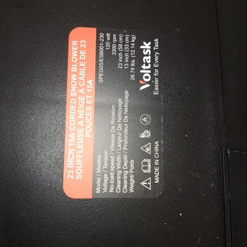 VOLTASK CORDED ELECTRIC SNOW BLOWER WITH DUAL LED HEADLIGHTS - 23" X 13" CLEARING PATH - 3300RPM - BLACK/ORANGE (MODEL: SPEG05/ESB001-230) image 7