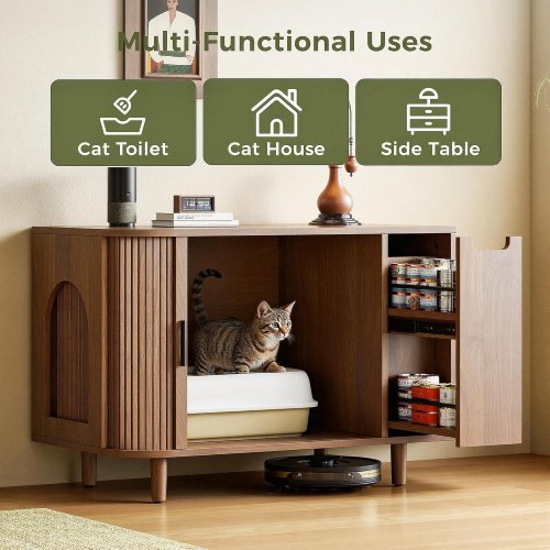 IRONCK TAMBOUR DOOR CAT LITTER BOX ENCLOSURE - 24.6" X 35.4" X 19.7" - BROWN (MODEL: HK-FZCT-01) image 3