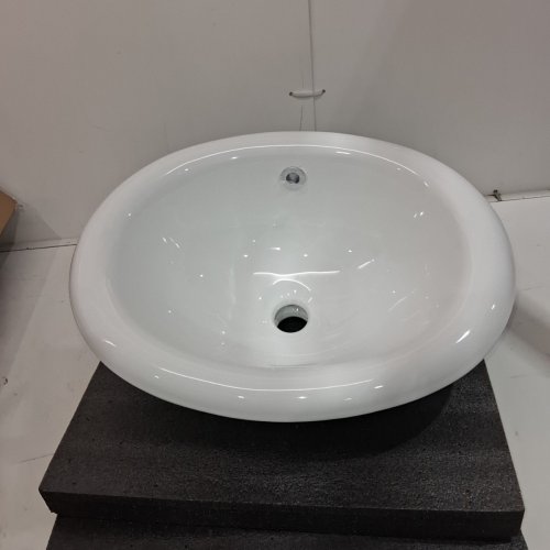 KARAMAG BATHROOM VESSEL CERAMIC SINK, SEMI RECESSED WITH OVAL DROP-IN AND OVERFLOW - 16" X 12"- WHITE (MODEL: 2016) image 2