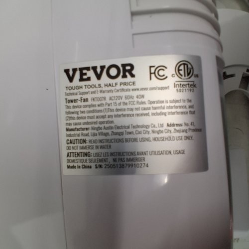 VEVOR OSCILLATING TOWER FAN - 9 SPEEDS - BLADELESS - 40W - 40" - COLD WATER-COOLED AIR - WHITE (MODEL: FKT007R) image 3