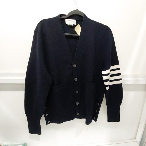 MEN'S THOM BROWNE MERINO WOOL 4-BAR MILANO STITCH CARDIGAN - 3 - NAVY / WHITE image 4
