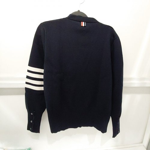 MEN'S THOM BROWNE MERINO WOOL 4-BAR MILANO STITCH CARDIGAN - 3 - NAVY / WHITE image 7