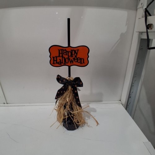 HALLOWEEN TABLETOP WITCH'S BROOM DECORATION SIGN - BLACK, ORANGE, TAN image 2