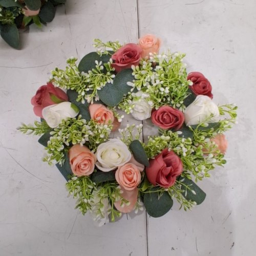 10PK ARTIFICIAL ROSE WREATH FLOWER ARRANGEMENT- 14" - GREEN/WHITE/PINK image 3