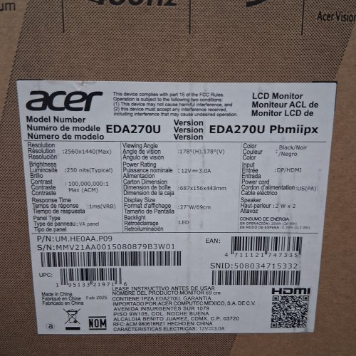 ACER PBMIIPX WQHD 1500R CURVED WIDESCREEN GAMING DISPLAY MONITOR - 180HZ /27" - (MODEL: EDA270U ) image 4