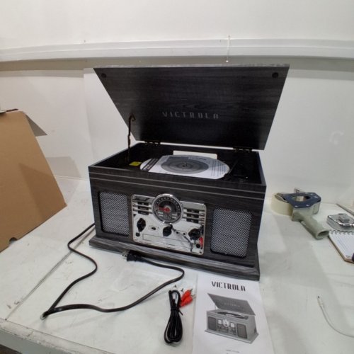 VICTROLA NOSTALGIC 6-IN-1 "QUINCY" RECORD PLAYER MULTI-MEDIA CENTER W/ BUILT-IN SPEAKERS, 3-SPEED TURNTABLE, CD, CASSETTE, BLUETOOTH & AM/FM RADIO - GREY (MODEL: VTA-200B) image 2