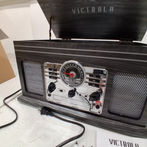VICTROLA NOSTALGIC 6-IN-1 "QUINCY" RECORD PLAYER MULTI-MEDIA CENTER W/ BUILT-IN SPEAKERS, 3-SPEED TURNTABLE, CD, CASSETTE, BLUETOOTH & AM/FM RADIO - GREY (MODEL: VTA-200B) image 4