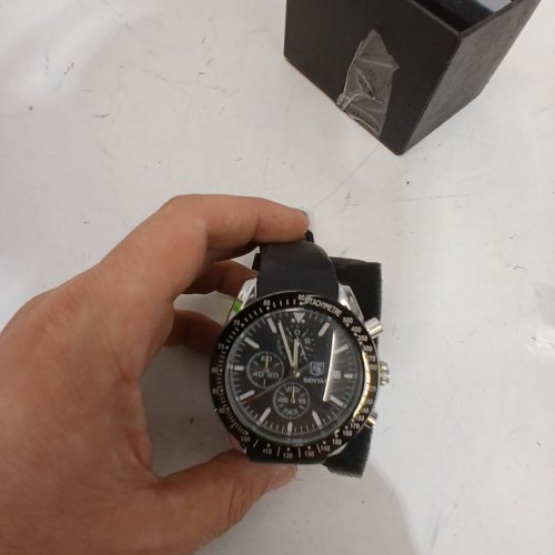MEN'S BENYAR QUARTZ MOVEMENT CHRONOGRAPH STAINLESS STEEL WATCH WITH BLACK LEATHER STRAP - BLACK/SILVER image 3