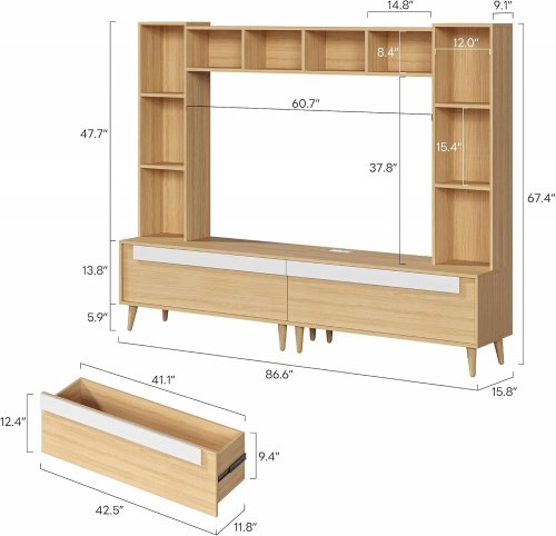 LIKIMIO WALL UNIT ENTERTAINMENT CENTER FOR TVS UP TO 65" - 87" - NATURAL (MODEL: HK-TS-YK01) image 2