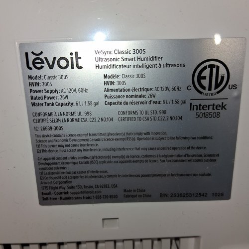 LEVOIT VESYNC SMART COOL AIR HUMIDIFIER WITH ESSENTIAL OIL TRAY & BLUETOOTH COMPATIBILITY - 6L CAPACITY - WHITE/GREY - (MODEL: CLASSIC 300S) image 6