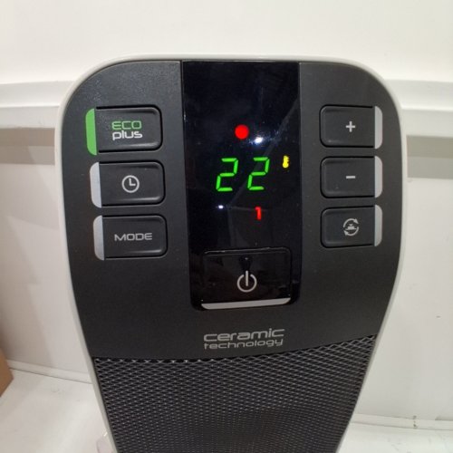 DELONGHI CERAMIC OSCILLATING TOWER HEATER FAN WITH REMOTE - 1500W - BLACK/OFFWHITE - (MODEL:HFX65V15) image 2