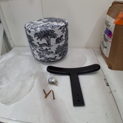TOILE PATTERN UPHOLSTERED ROLLING STOOL WITH BACK - BLACK AND WHITE image 2